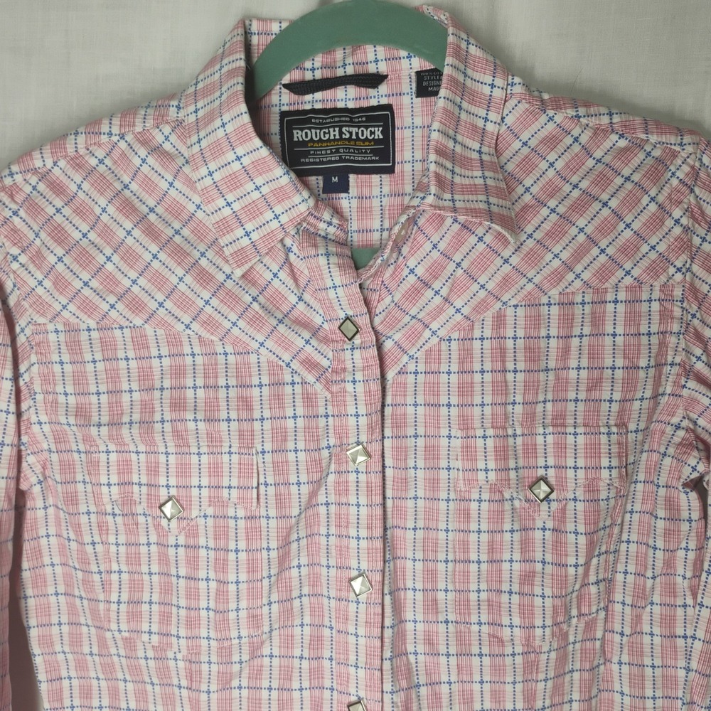 Panhandle Slim Rough Stock Medium Pearl Snap Rodeo Western Pink Plaid Shirt - Picture 2 of 4